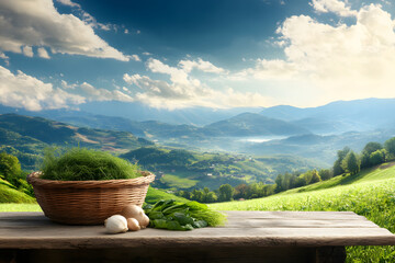 Aufkleber - A serene landscape with rolling hills, a basket of fresh produce, and a vibrant sky, creating a peaceful rural ambiance