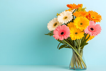 Aufkleber - A vibrant bouquet of colorful gerbera daisies in a clear vase against a soft blue background
