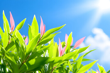 Poster - Lush green leaves and pink buds against a bright blue sky, illuminated by sunlight, creating a vibrant and refreshing atmosphere