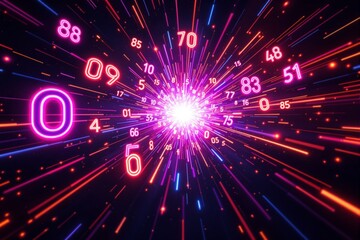 Poster - Bright futuristic explosion of colorful neon numbers on a dark background.