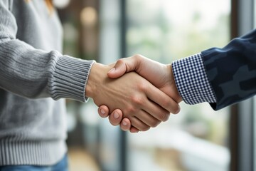 Wall Mural - Handshake between two individuals in close-up, with a blurred background of an office setting. Concept of agreement and partnership.