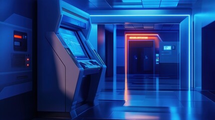 Aufkleber - Futuristic Corridor with Neon Lights and Terminal