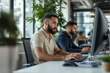 Aufkleber - Focused professionals working at computers in a modern office with plants, natural light, and a collaborative atmosphere.