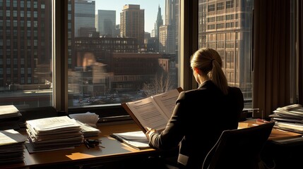 Aufkleber - Woman Working in Office Overlooking Cityscape
