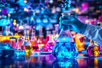 Poster - Gloved hand holding a beaker of blue liquid in a science laboratory background with colorful test tubes and molecules.