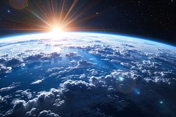 Poster - Sunrise over Earth from space with scattered clouds and a starry background.