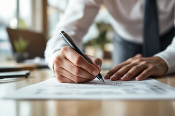 Poster - Close-up of a person signing a document in a professional setting on a desk with blurred office background.