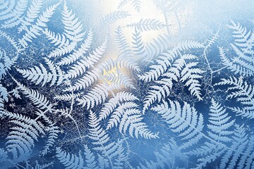 Poster - Frosted fern patterns on a bright icy blue background with sunlight glow.