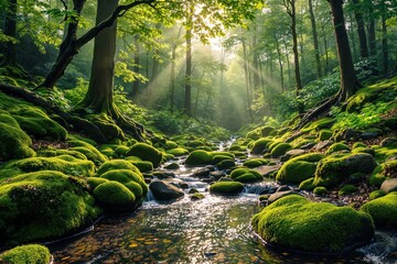 Aufkleber - Serene forest with moss-covered rocks and sunlight streaming through trees creating a tranquil river scene.