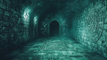 Mysterious Dark Tunnel with Ancient Symbols and Shadowy Entrance