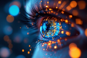 Poster - Close-up of a human eye with futuristic digital circuitry concept in vibrant blue and orange background.