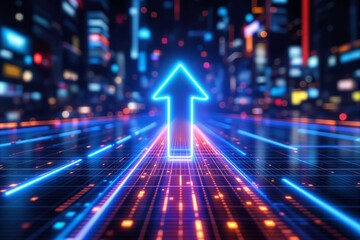 Poster - Neon arrow pointing upwards on glowing futuristic digital grid with blurred city lights in the background. Ai generative.