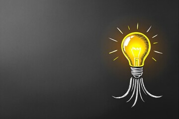 Poster - Yellow light bulb sketch glowing against a dark textured background, representing creativity and innovation.
