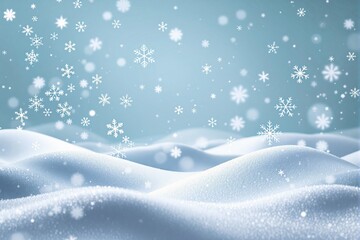 Poster - Snow-covered hills with delicate snowflakes falling against a soft blue background.