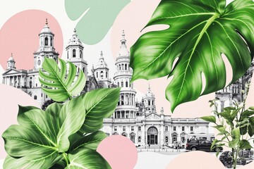 Aufkleber - Architectural collage with greenery and abstract pastel shapes in bright background.