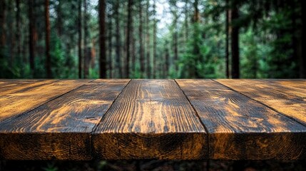 Wall Mural - Wooden surface, blurred forest.