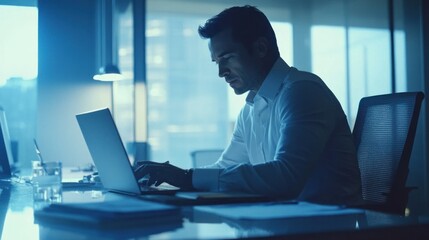 Poster - Businessman Working Late on Laptop in Office