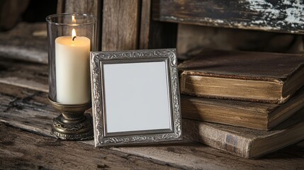 Poster - Antique Frame Candle Books Wooden Background