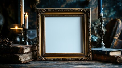 Aufkleber - Antique Frame With Candles Books And Dark Background