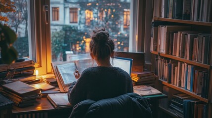 Poster - Woman Studying Books Laptop Near Window