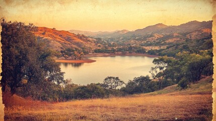 Sticker - Serene Lakeside Vista Among Rolling Hills and Trees