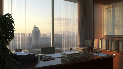 Aufkleber - City View Office Desk Sunrise Sunlight Illuminates Workspace
