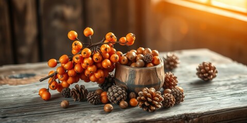 Wall Mural - A Rustic Still Life with Oranges, Pine Cones, and a Wooden Bowl on a Weathered Tabletop