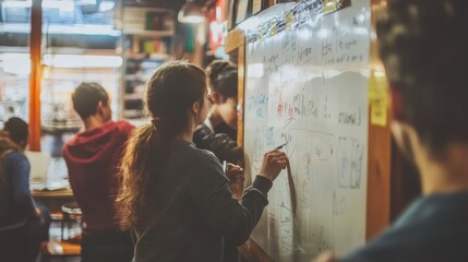 Poster - Young Woman Writing Notes On Whiteboard In Cafe