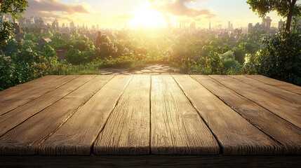 Wall Mural - Wooden table with city view.