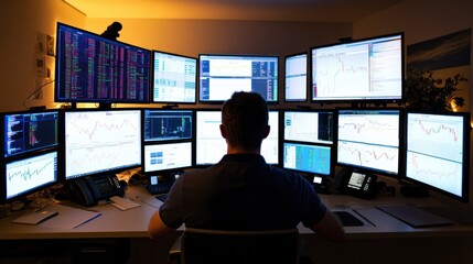 Poster - A man sits before multiple monitors displaying stock market data