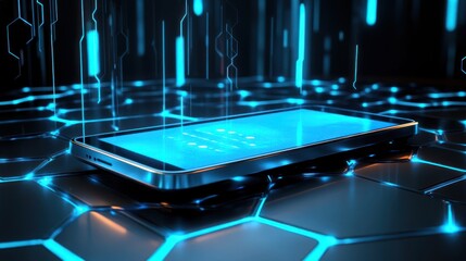 Poster - Smartphone rests on a futuristic hexagonal grid with blue digital streams