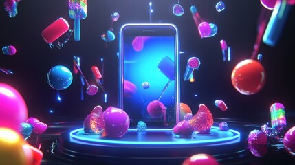 Poster - Smartphone Displayed Amidst Vibrant Candy Like Objects