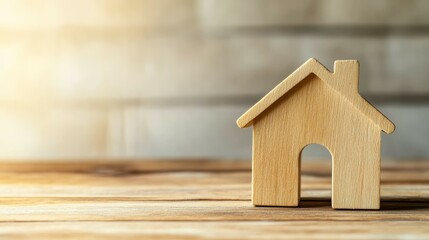 A wooden house figurine on a sunlit surface