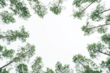 Poster - Low angle view of pine trees surrounding a bright sky.