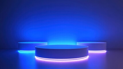 Poster - Three Cylindrical Platforms Illuminated By Blue Neon Lights