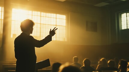 Poster - Silhouetted Speaker Addressing Attendees During Golden Hour
