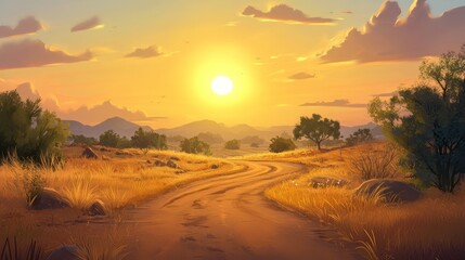 Sticker - Golden Sunset Over Serene African Savanna Road