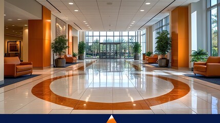 Wall Mural - Modern office lobby with polished floors, orange accents, and large windows.