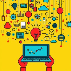 Poster - Vibrant illustration of idea generation and data analysis. A laptop shows a rising line graph surrounded by abstract icons symbolizing various concepts and ideas, all against a bright yellow backgroun