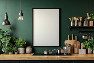 Wall Mural - Blank frame mockup in a modern kitchen with dark green walls, wooden countertop, and plants.