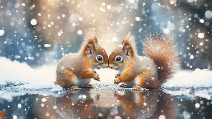 Two adorable brown squirrels playfully touching noses in a snowy landscape, creating a heartwarming winter scene.