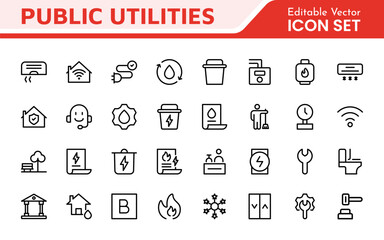  Public utilities linear signed icon collection. Signed thin line icons collection. Set of public utilities simple outline icons.