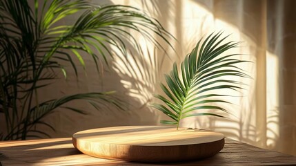 Poster - Wooden round display stand with palm leaf and sunlight.