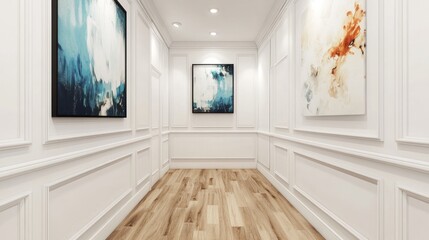 Poster - Elegant hallway with white walls and abstract artwork