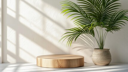 Poster - Wooden podium with tropical plant and sunlight.