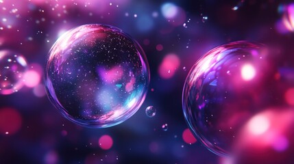 Poster - Two iridescent spheres float in a purple and pink nebula