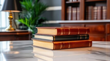 Poster - Three leather bound books stacked on a table
