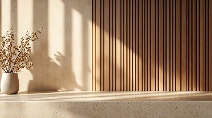 Fototapete - Beige concrete countertop with vertical wooden slats background. Stylish, neutral mockup for product display. Horizontal social media banner with copy space