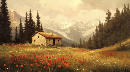 Sticker - Stone Cottage Amidst Alpine Meadow Wildflowers