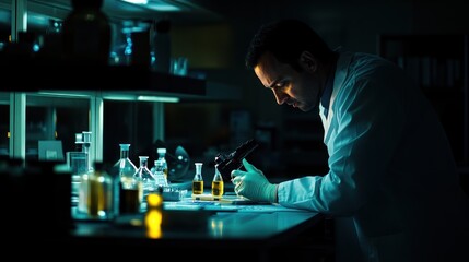 Poster - Scientist examining samples in a dark laboratory